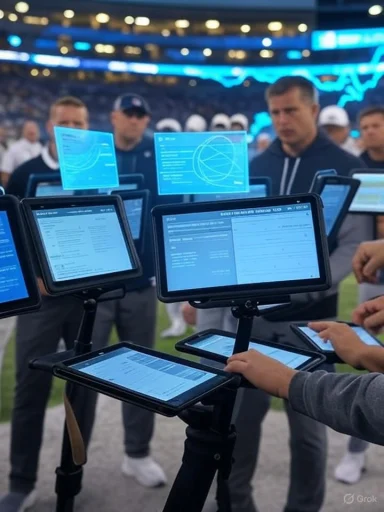 People gather around touchscreen tablet kiosks mounted on stands during a tech demo.