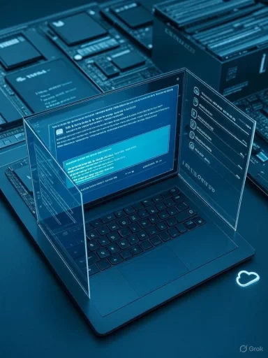 A laptop with floating holographic screens shows code in a blue, futuristic setup.