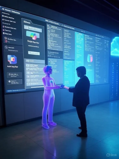 A glowing hologram shakes hands with a person in front of blue digital screens.