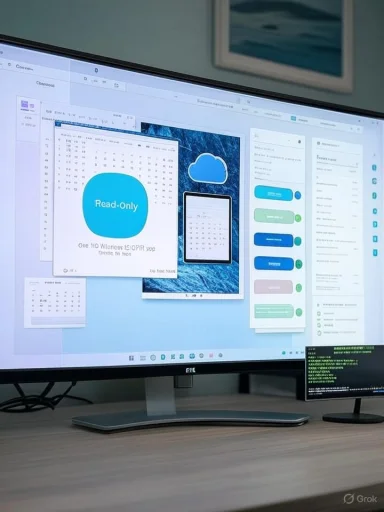 A desktop monitor displays a design app with a 'Read-Only' page and device mockups.
