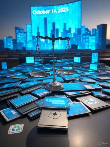 A balance scale rises from a heap of blue tablets, set against a futuristic city skyline.