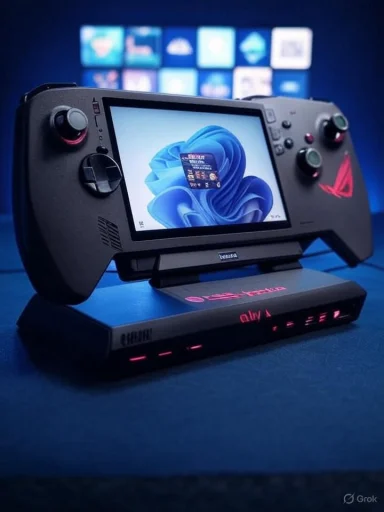 A handheld gaming console rests on a dock, glowing pink LEDs against a blue-screen backdrop.