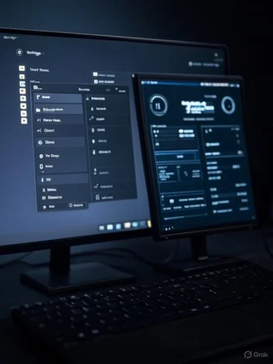 Dual-monitor workstation with dark, high-tech dashboards and a tablet display.