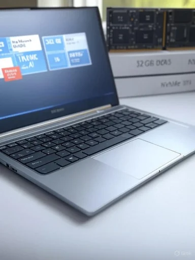 Sleek silver laptop on a white desk, displaying a Windows tile dashboard.