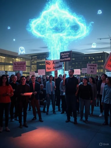 A crowd of protesters with placards stands beneath a glowing blue electric cloud.