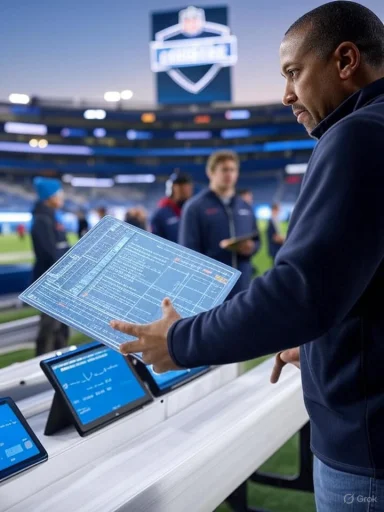 A coach studies a blue playbook on the sideline at a football stadium.