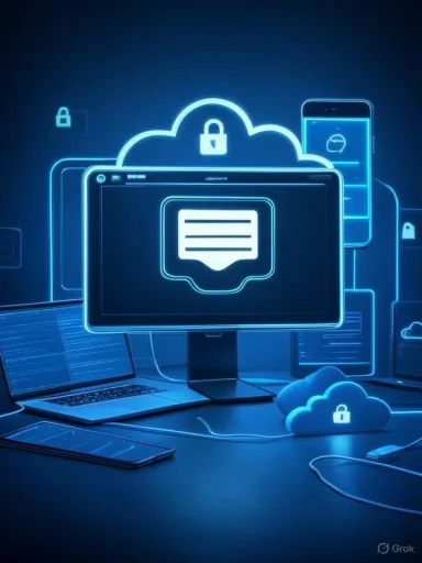 Neon blue cloud-security scene with a monitor showing a chat bubble, surrounded by devices.
