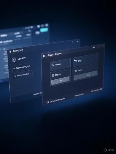 Dark neon-blue software dashboard with floating, layered windows.