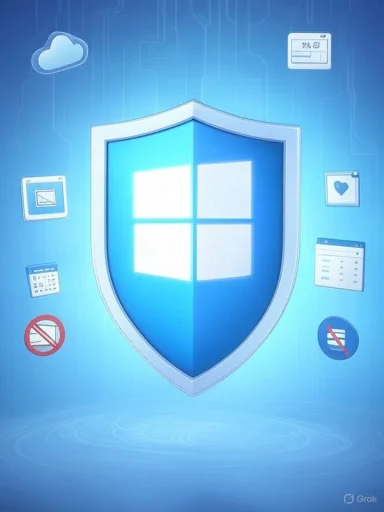 A blue Windows shield symbolizes digital protection amidst floating app icons.