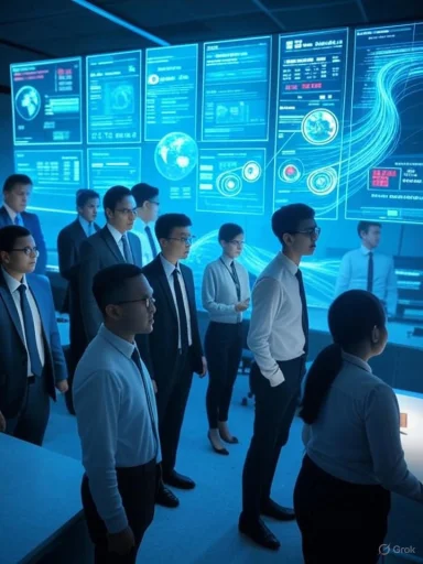 Business professionals in a blue-lit control room stand before a wall of data dashboards.