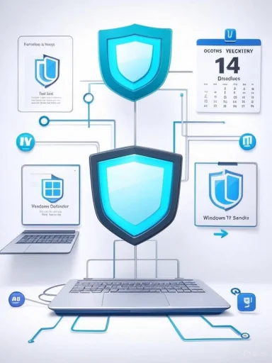 A futuristic digital security shield guards a laptop and connected devices.