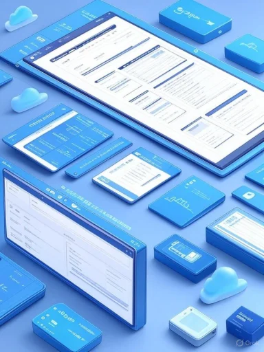 Blue cloud-themed digital workspace with multiple screens and cards.