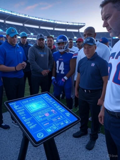 Coaches and players gather around a blue-lit touchscreen playboard on the football field.