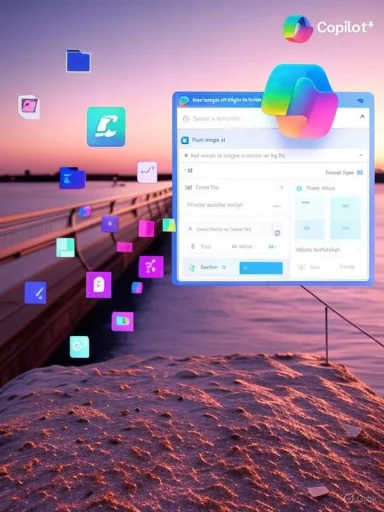 A surreal sunset beach scene with floating colorful app icons and a large Copilot UI window.