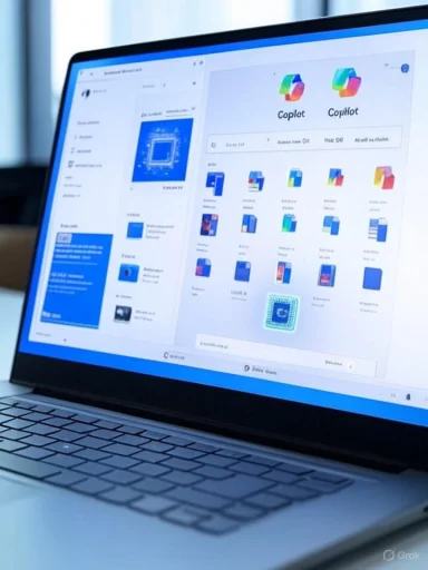 Laptop screen displaying a colorful app UI with a grid of icons.