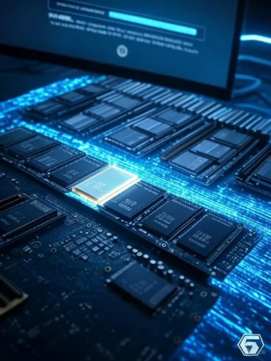 Close-up of a blue-lit computer motherboard with a highlighted processor chip.