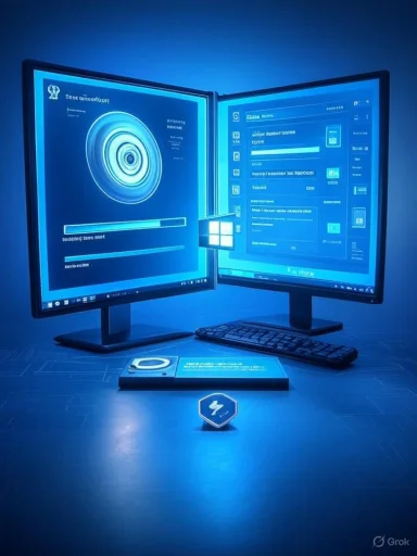 Futuristic blue-lit dual-monitor setup with sci-fi UI and a glowing cube symbol.