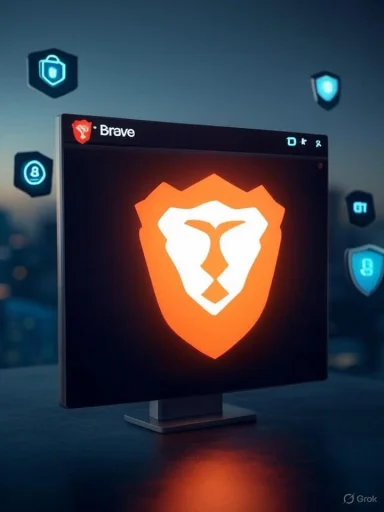 A monitor displays the Brave shield logo in a dark, futuristic setting.