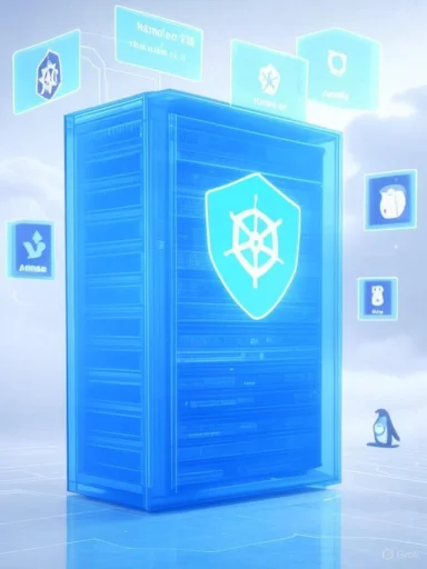 A glowing blue data server encased in glass with a shield emblem and holographic icons.