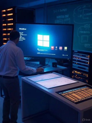 A technician in a blue-lit data center monitors a Windows login on a large screen.