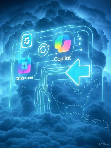 Neon circuit-panel rising through blue clouds, displaying Copilot and Office icons.