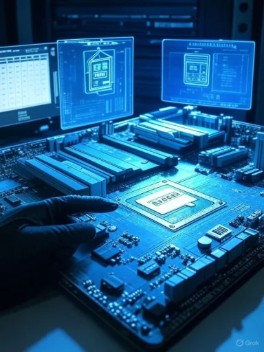 Blue-lit motherboard under a gloved technician’s hand, with holographic screens. Blue-lit motherboard under a gloved technician’s hand, with holographic screens.