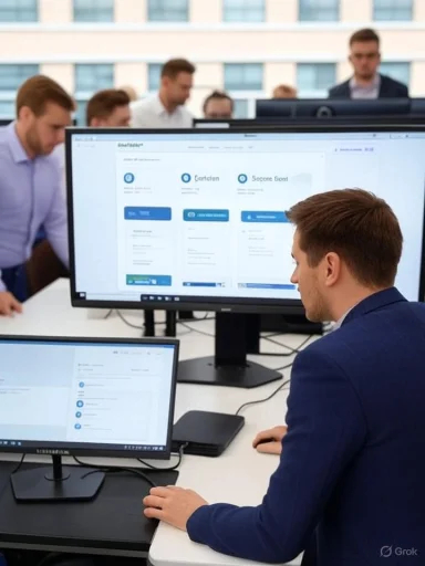 A man in a blue suit works at a desk with dual monitors displaying a dashboard.