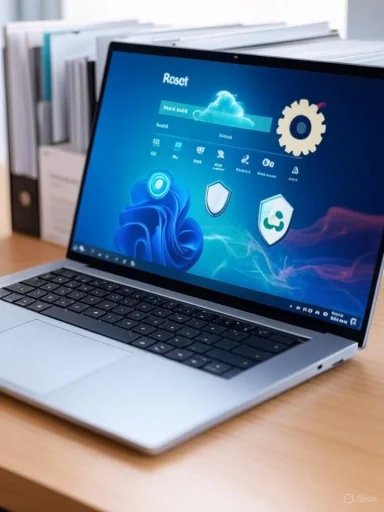 A sleek laptop sits on a wooden desk, displaying a bright blue desktop with cloud and shield icons. A sleek laptop sits on a wooden desk, displaying a bright blue desktop with cloud and shield icons.