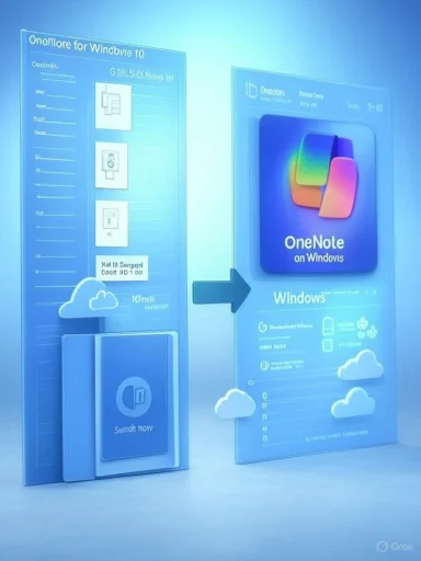 A blue futuristic infographic showing OneNote for Windows 10 transitioning to OneNote on Windows.