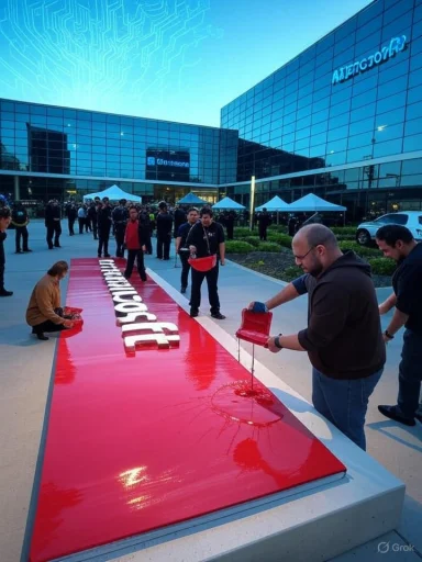 People pour red liquid onto a long glossy red sign at a tech event outside a modern campus.
