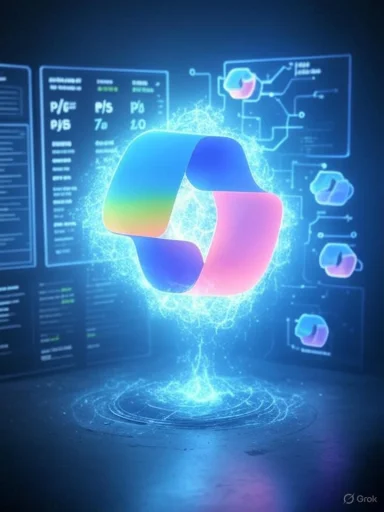 A neon, multicolored ribbon logo floats above glowing holographic data dashboards.