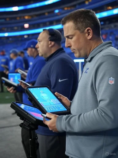 Coaches study game film on tablets at a football stadium.