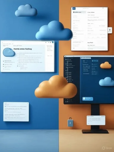 Vibrant blue–orange split scene with floating 3D clouds and multiple computer windows.