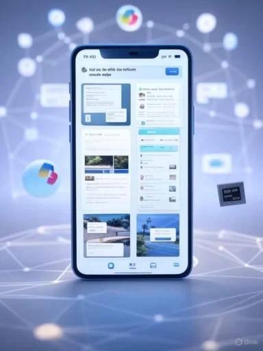 A smartphone displays a grid-style app feed on a glowing, networked blue background.
