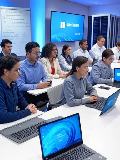 Diverse group of professionals in a modern classroom, learning on laptops during a Windows 11 training.