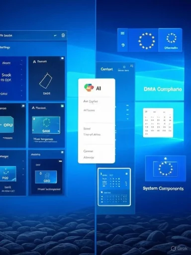 A blue Windows desktop collage with floating tiles and a central AI card.
