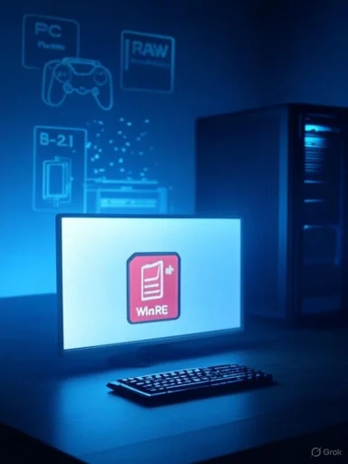 A blue-lit computer setup with a monitor showing a red WaRE icon, keyboard, and a tall PC tower.
