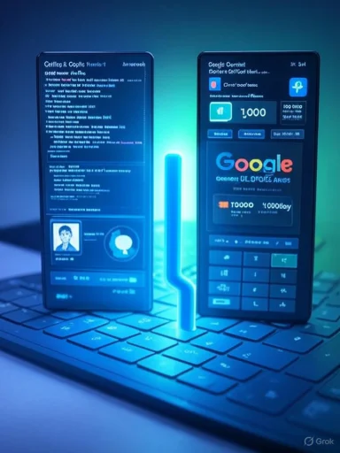 Two futuristic smartphones display dashboards and glow blue on a keyboard.