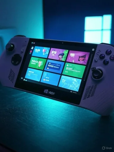 A handheld gaming console glows under blue light, showing a Windows-style tile interface.