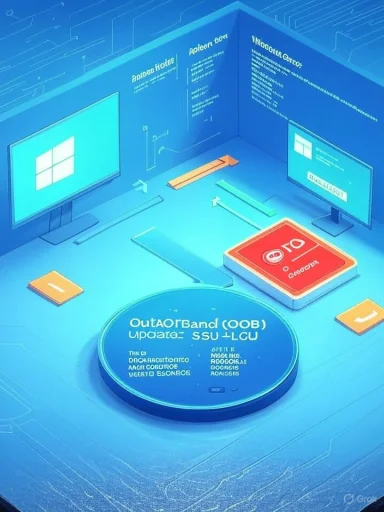 A futuristic blue desk with multiple screens and a large circular update disk.