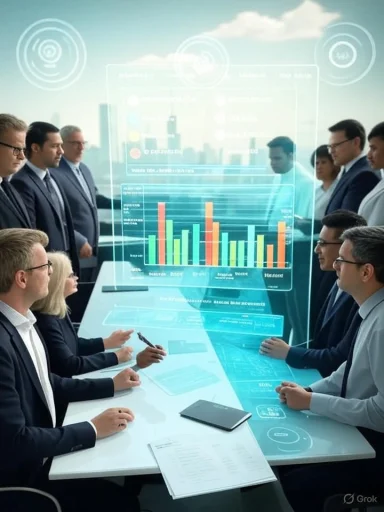 Business team around a table with a holographic data dashboard displaying charts.