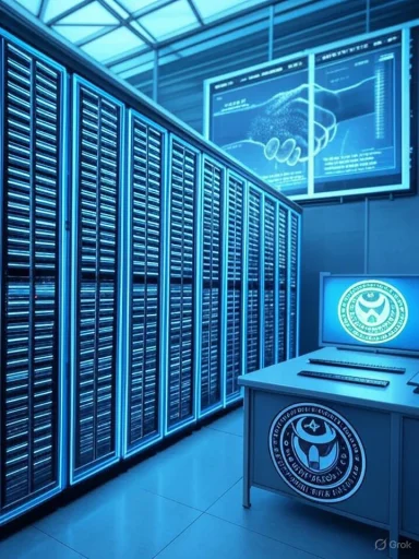 Blue-lit data center with rows of server racks and a control desk bearing a seal.