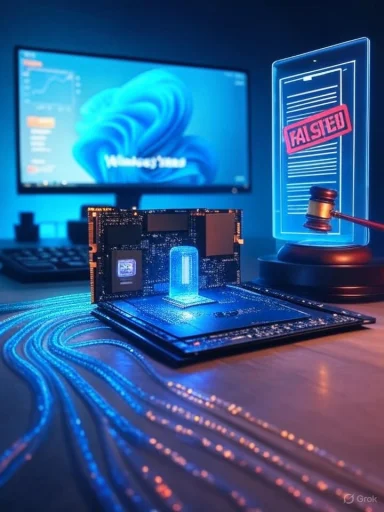 Blue-lit computer hardware on a desk, a gavel and a 'FALSIFIED' document display beside a Windows PC.