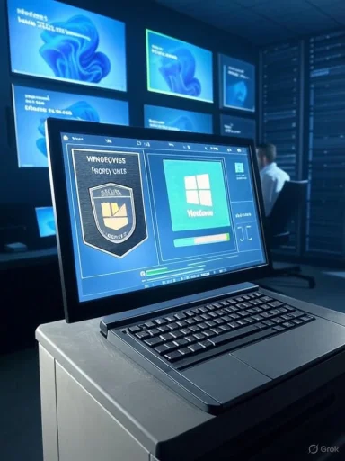 A high-tech server room with a workstation displaying a shield crest and a Windows logo on a blue screen.