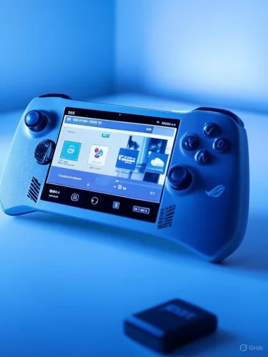 Blue-tinted handheld gamepad with a screen displaying apps.