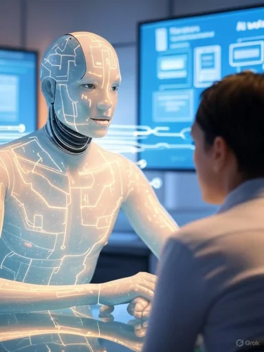 A circuit-patterned humanoid robot converses with a researcher in a high-tech lab.