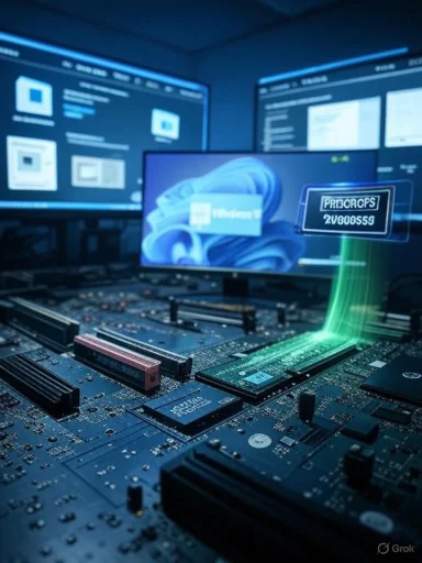 Close-up of a motherboard with PCIe slots, glowing blue monitors in a tech lab.