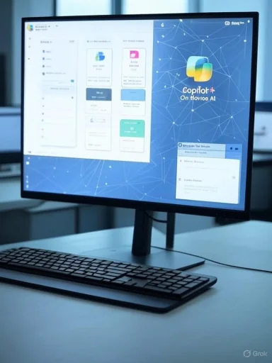 An office desk with a widescreen monitor displaying a blue, network-themed UI and Copilot AI logo.