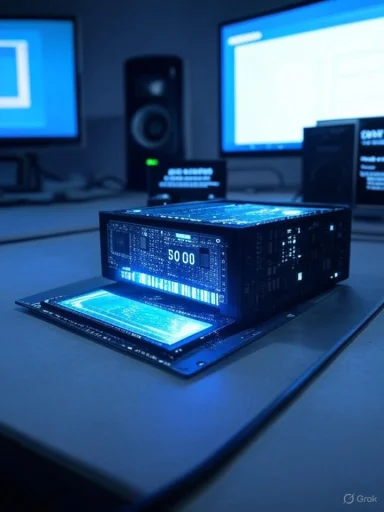 Blue-lit futuristic gadget with a fold-out display on a desk in a tech setup.