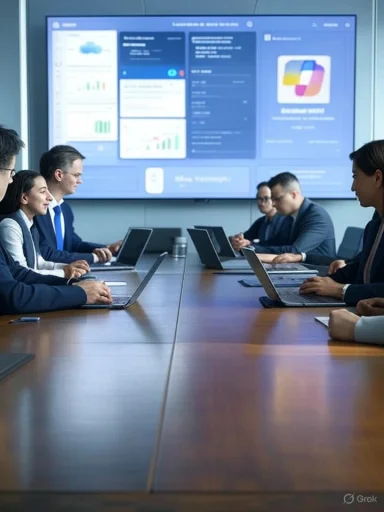 A team of professionals sits around a conference table with laptops, presenting data on a large screen.